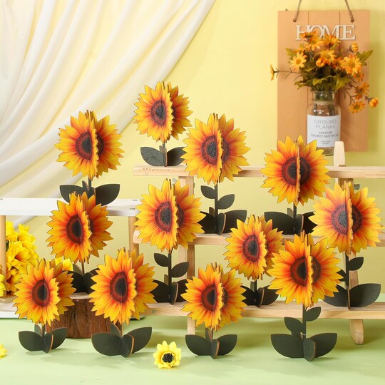24 PCS Wooden Sunflower Table Decor – 3D Retro Floral Block Signs for Summer Farmhouse Centerpiece, Tiered Tray, Shelf, Mantel, Kitchen & Rustic Home Decoration
